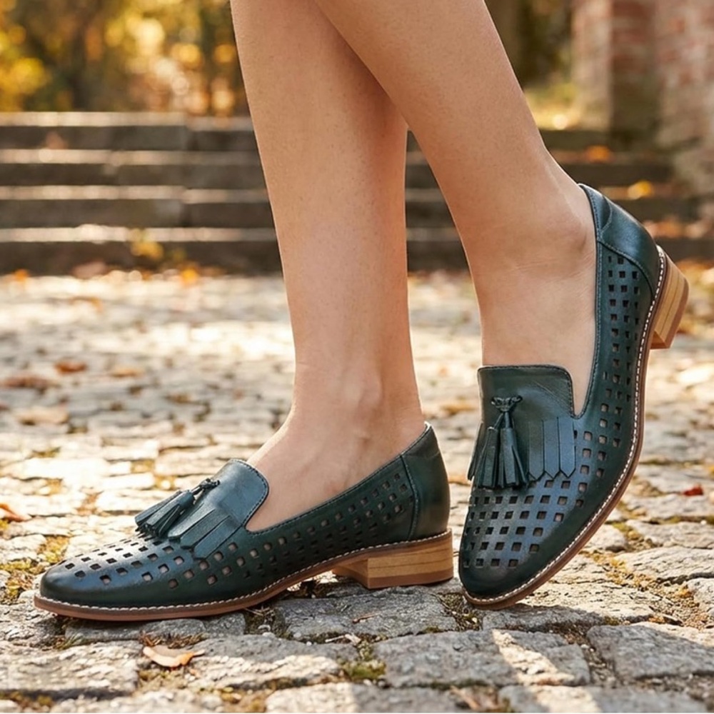 Mona Flying Leather Tassel Loafers/ Shoes Dark Green Woman's Size 8.5 Handmade